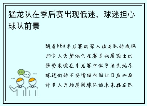 猛龙队在季后赛出现低迷，球迷担心球队前景